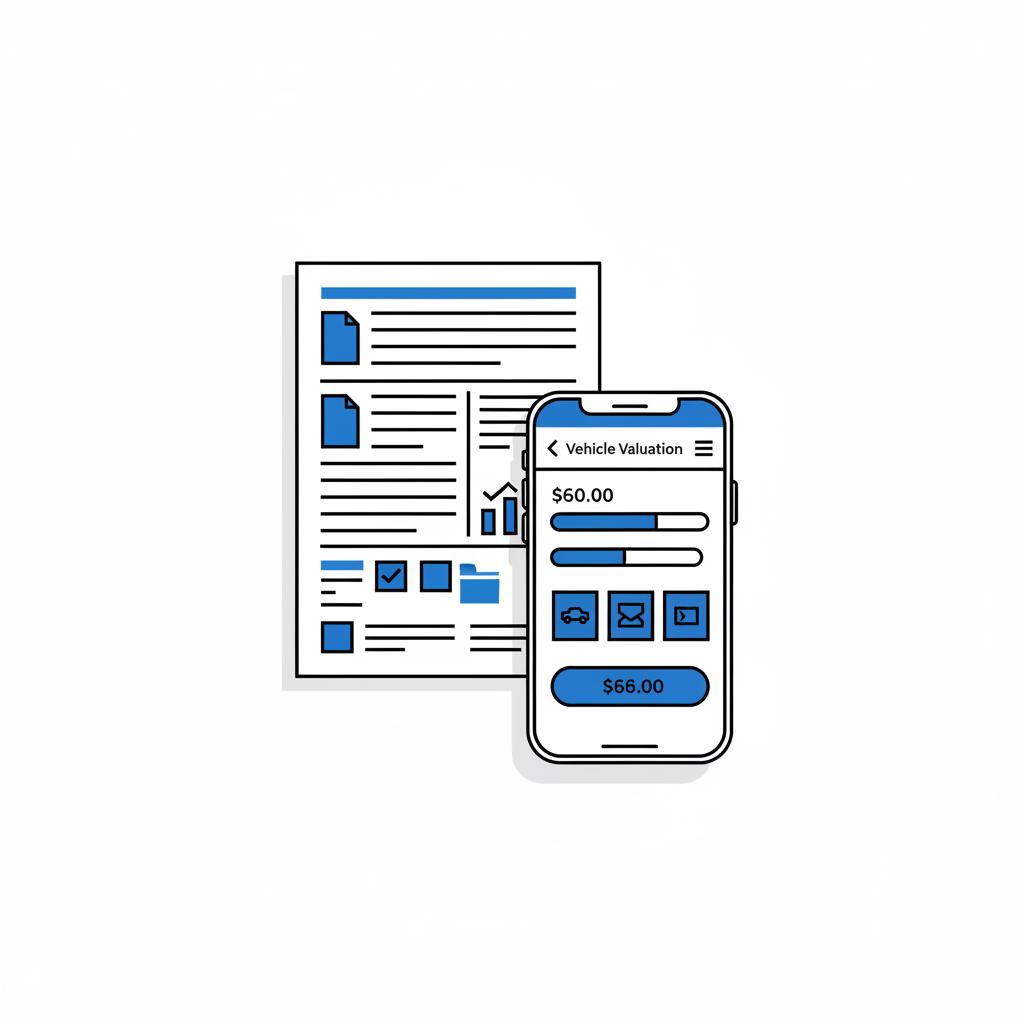 Minimalist vector of a printed vehicle history report and smartphone showing valuation interface on white background used chevy silverado for sale