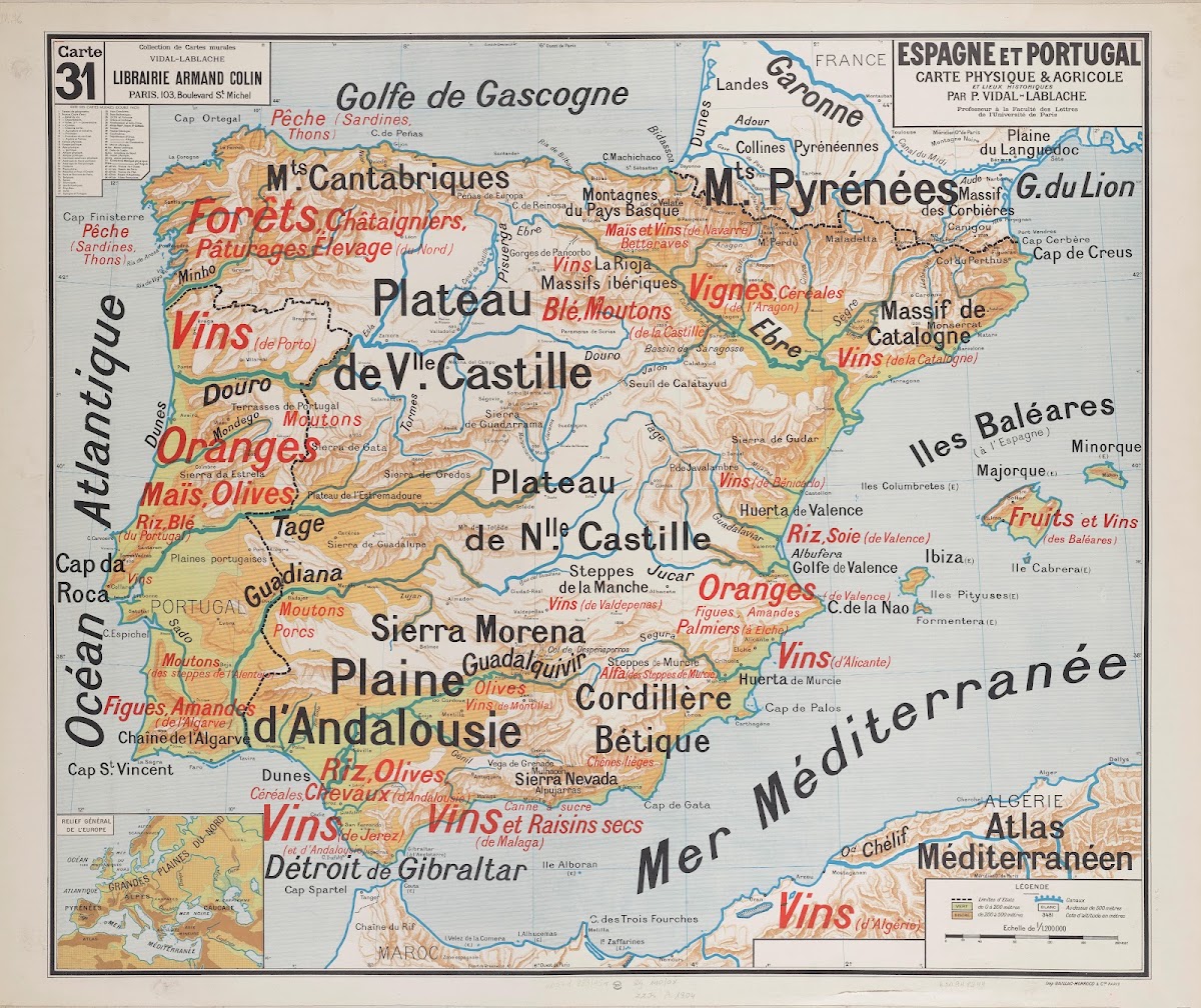 Espagne et Portugal carte physique  agricole 1945