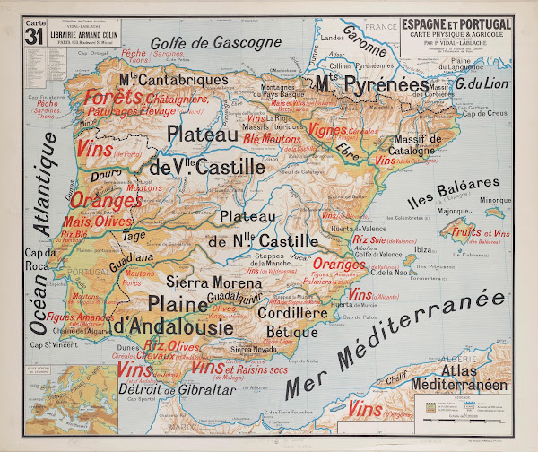 Espagne et Portugal carte physique  agricole 1945