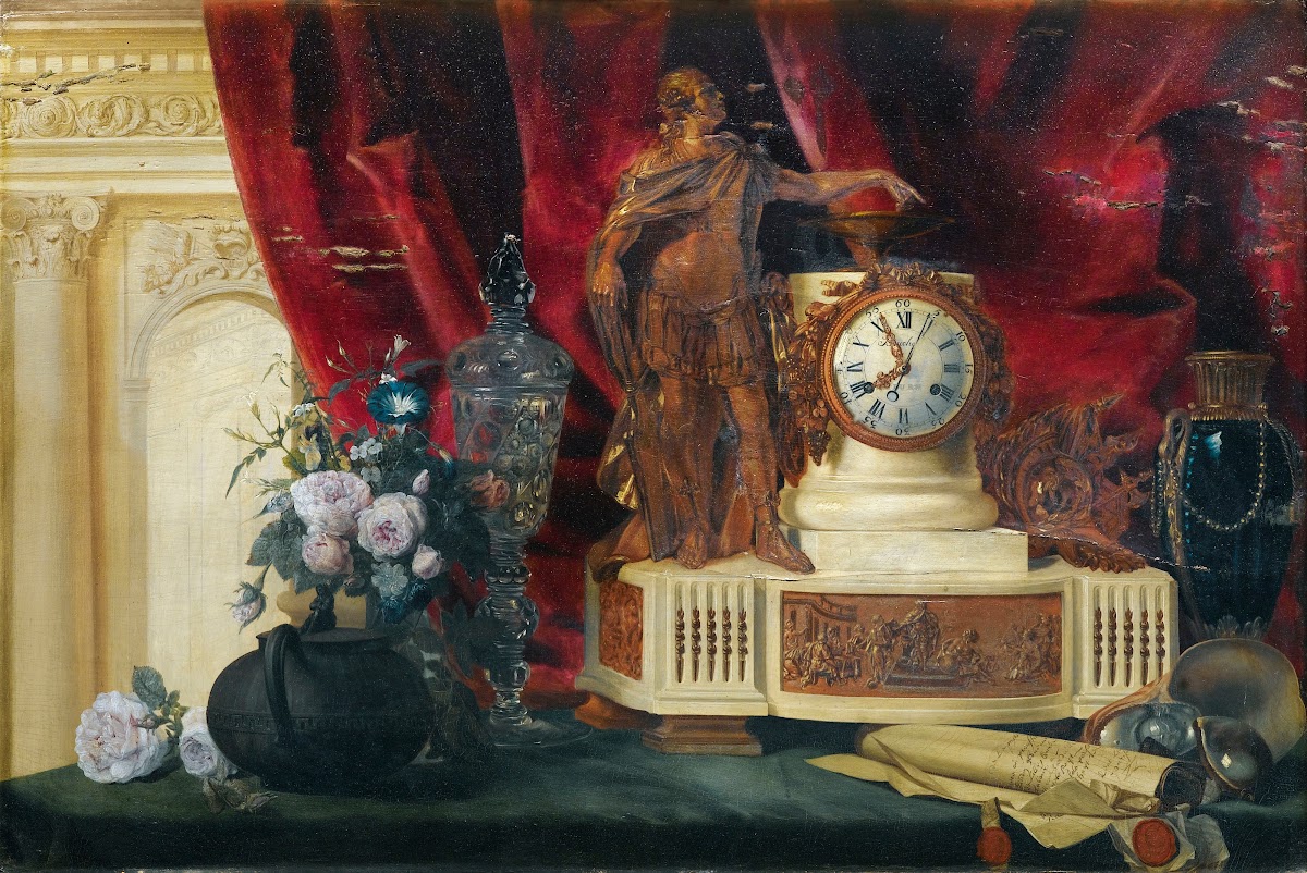 Still Life With A Gilt Bronze Mantle Clock And Sèvres Porcelain Vase