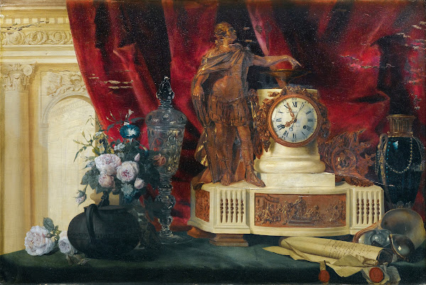 Still Life With A Gilt Bronze Mantle Clock And Sèvres Porcelain Vase