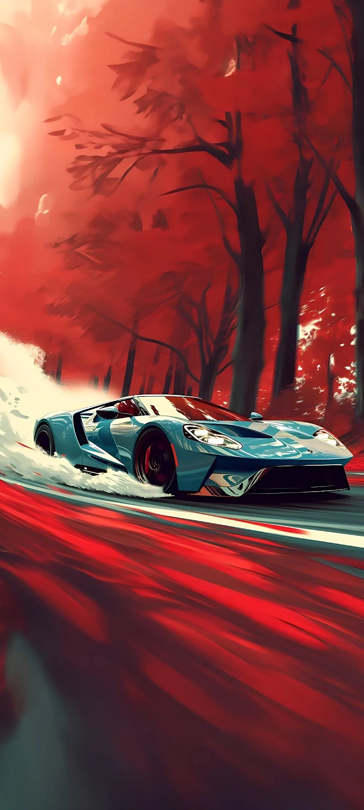 Ford GT Drifting Through Red Forest - Digital Illustration Full HD iPhone Wallpaper (1080x2400)