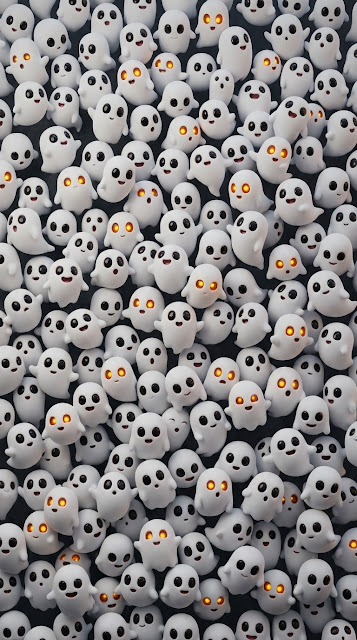 3D Render of Many Cute White Ghosts with Various Expressions - Free mobile Wallpaper