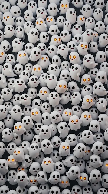 3D Render of Many Cute White Ghosts with Various Expressions