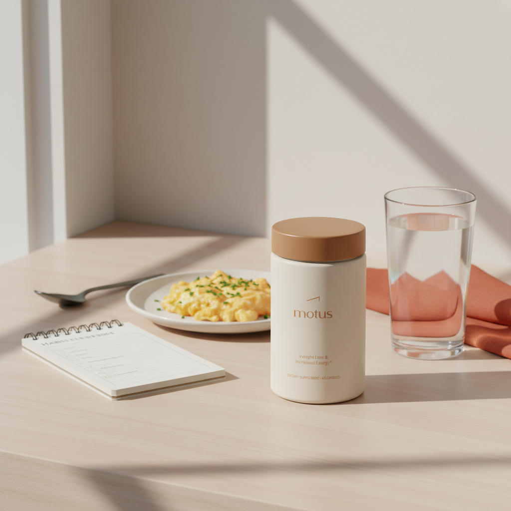 Minimalist morning countertop with a Tonum Motus supplement jar beside a glass of water, scrambled eggs and a habit checklist to support metabolism.