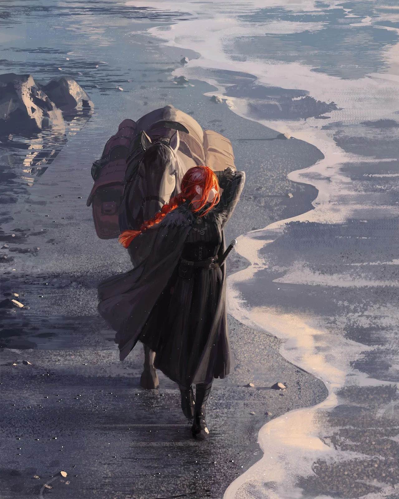 Fantasy Art, Horse, Redhead Warrior, Coastal Scene 5K iPhone Wallpaper Background (4974x6217)