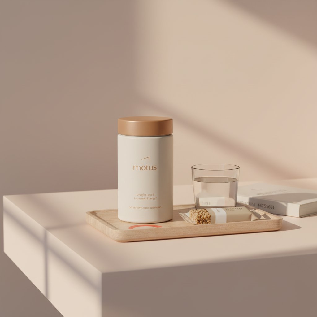 Motus bottle on a tidy bedside table with a glass of water and protein bar in a calm morning routine, visual for article about what over the counter works like Ozempic