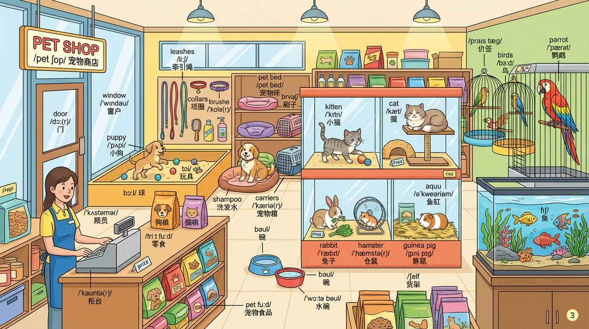 Dibujo detallado de una tienda de mascotas con etiquetas en inglés.