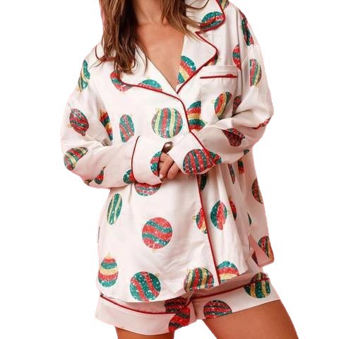 Satin lounge set with Christmas motif, two-piece