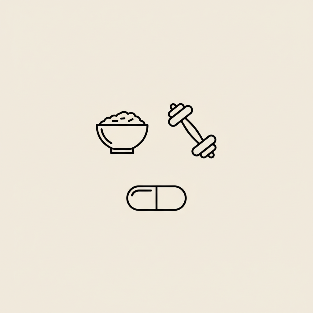 Tonum-style minimalist line illustration of a bowl of oats, a small dumbbell and a capsule on a beige background, representing the fastest way to increase leptin