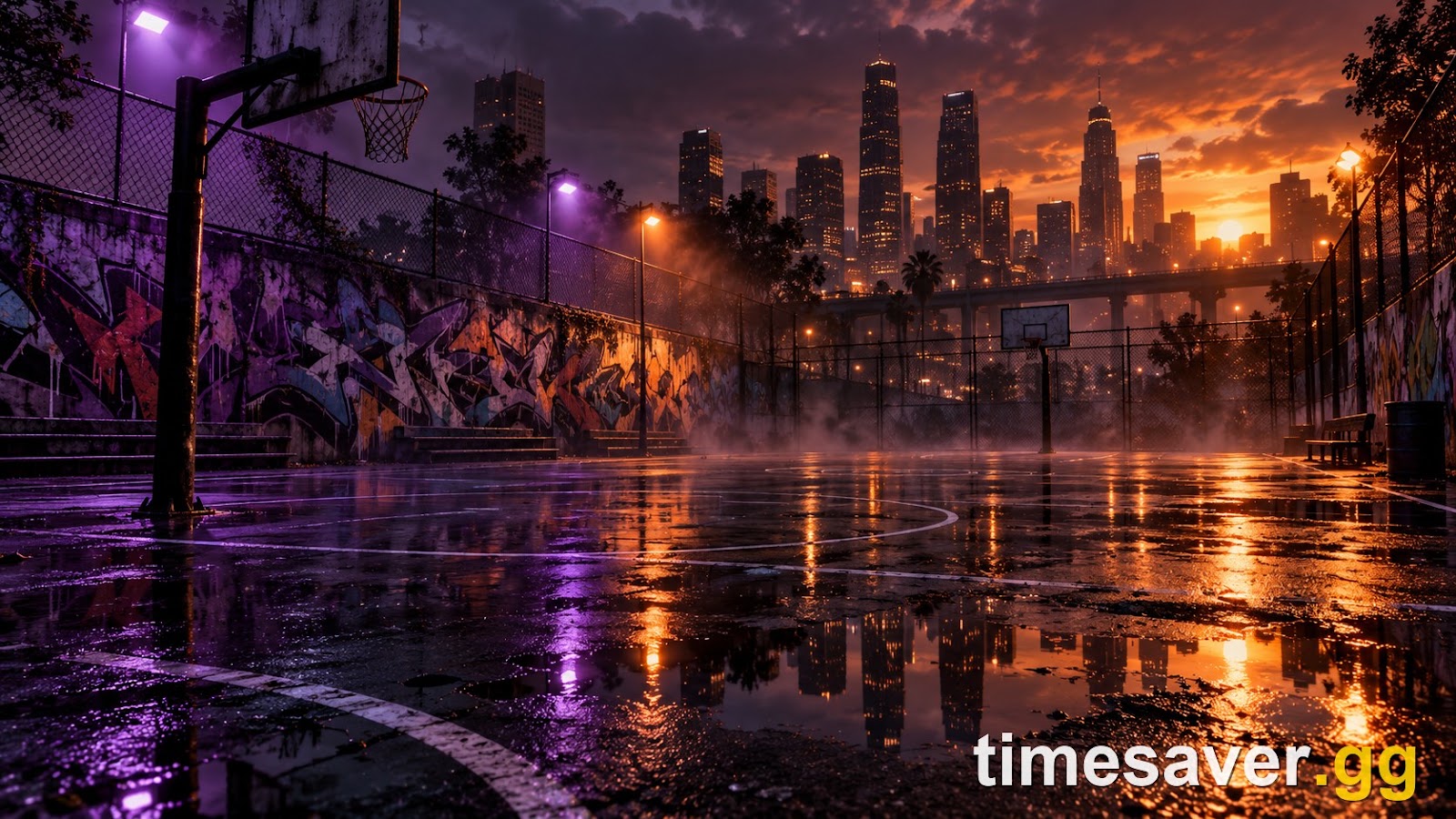 Atmospheric neon-lit outdoor basketball court at dusk