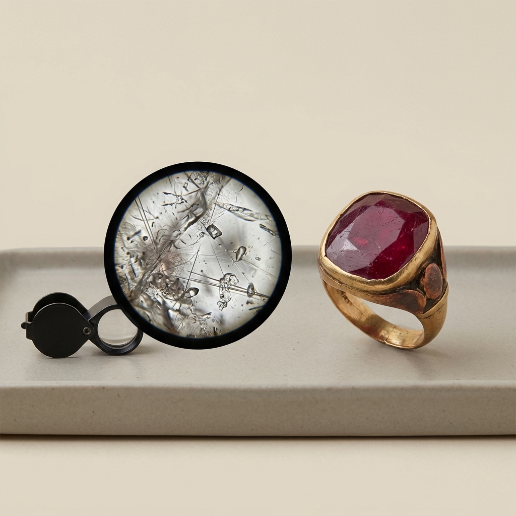 Ancient ruby ring on a minimalist beige tray with a side by side magnified view of ruby inclusion patterns for laboratory analysis