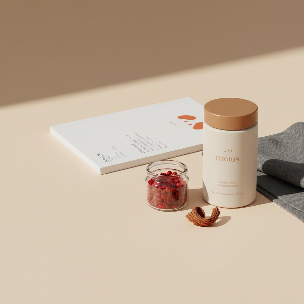 Tonum product from reference with research booklet and jar of dried barberry berries (source of berberine) on a light beige table, minimalist clinical-meets-lifestyle scene.