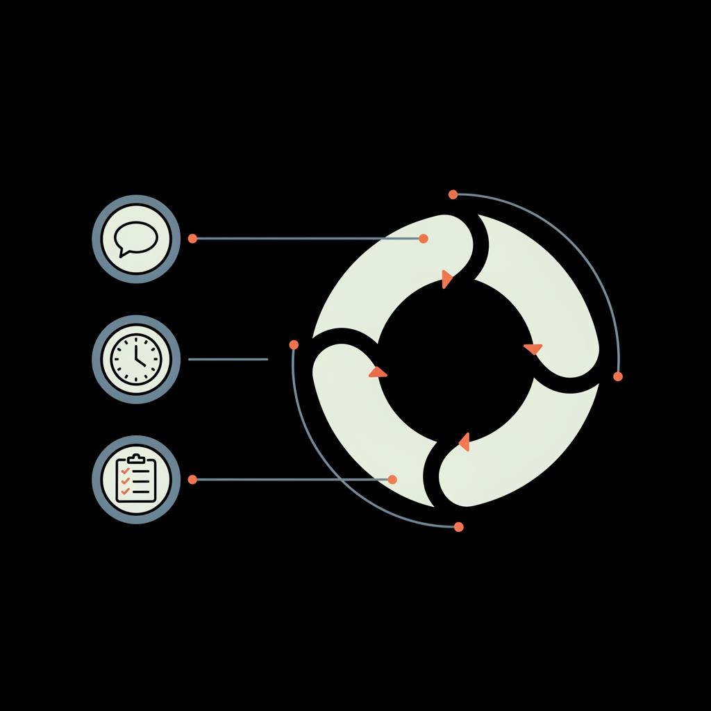 Minimal sidebar diagram showing a reply-follow-up loop with message, clock, and checklist icons on a dark background — WhatsApp not restoring backups from Google