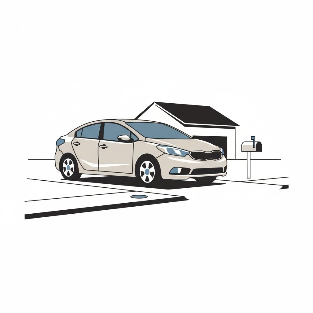 Minimalist 2D vector of a used Kia style compact sedan on a suburban driveway white background subtle blue accents kia price increase reasons