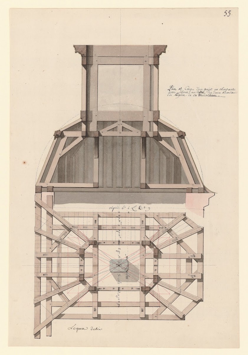 Plan et coupe dun projet en charpante pour élever au dessus des deux escaliers d