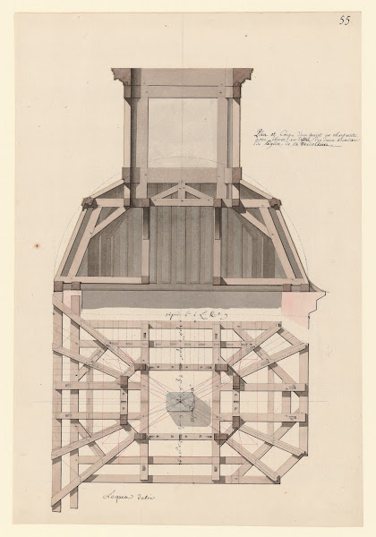 Plan et coupe dun projet en charpante pour élever au dessus des deux escaliers d