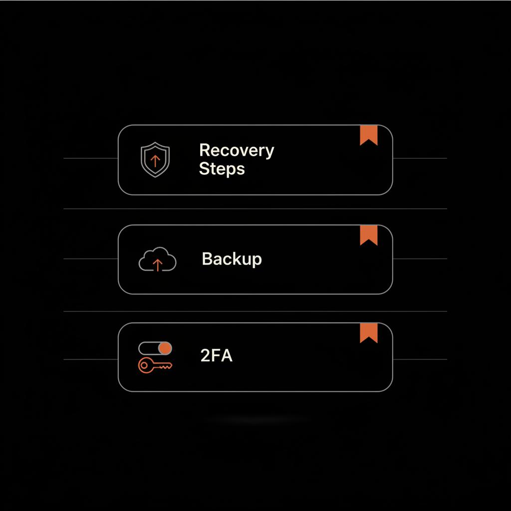 Minimal vector infographic with three stacked cards labeled Recovery Steps, Backup, 2FA on black background in Social Success Hub colors, illustrating steps to get my old Yahoo Mail back