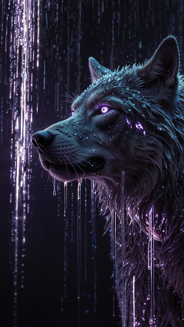 Wolf with Glowing Purple Eyes in Rainy Night - Free mobile Wallpaper