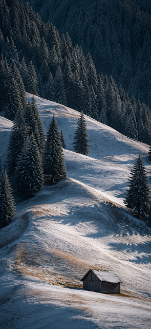 Snow Covered Mountain Meadow with Tall Pine Trees - Free mobile Wallpaper