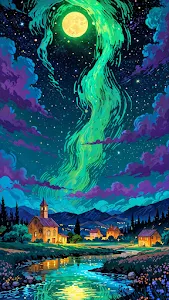 Village Under Aurora Borealis and Full Moon