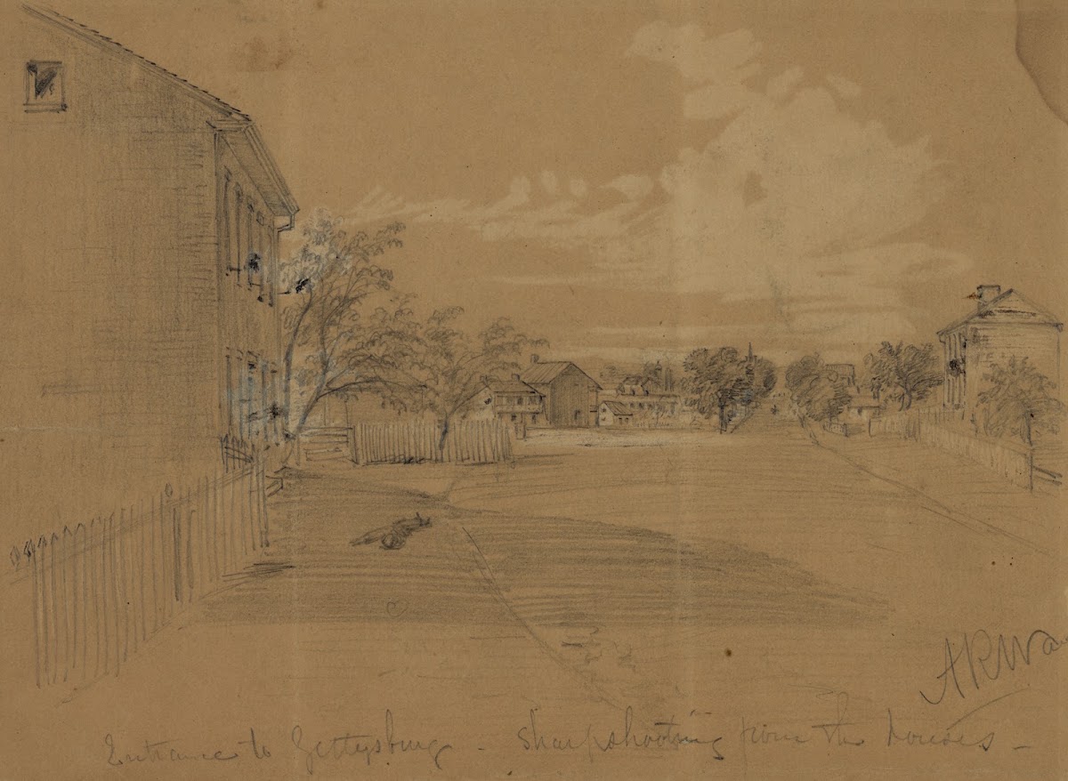 Entrance to Gettysburgsharpshooting from the houses 1863