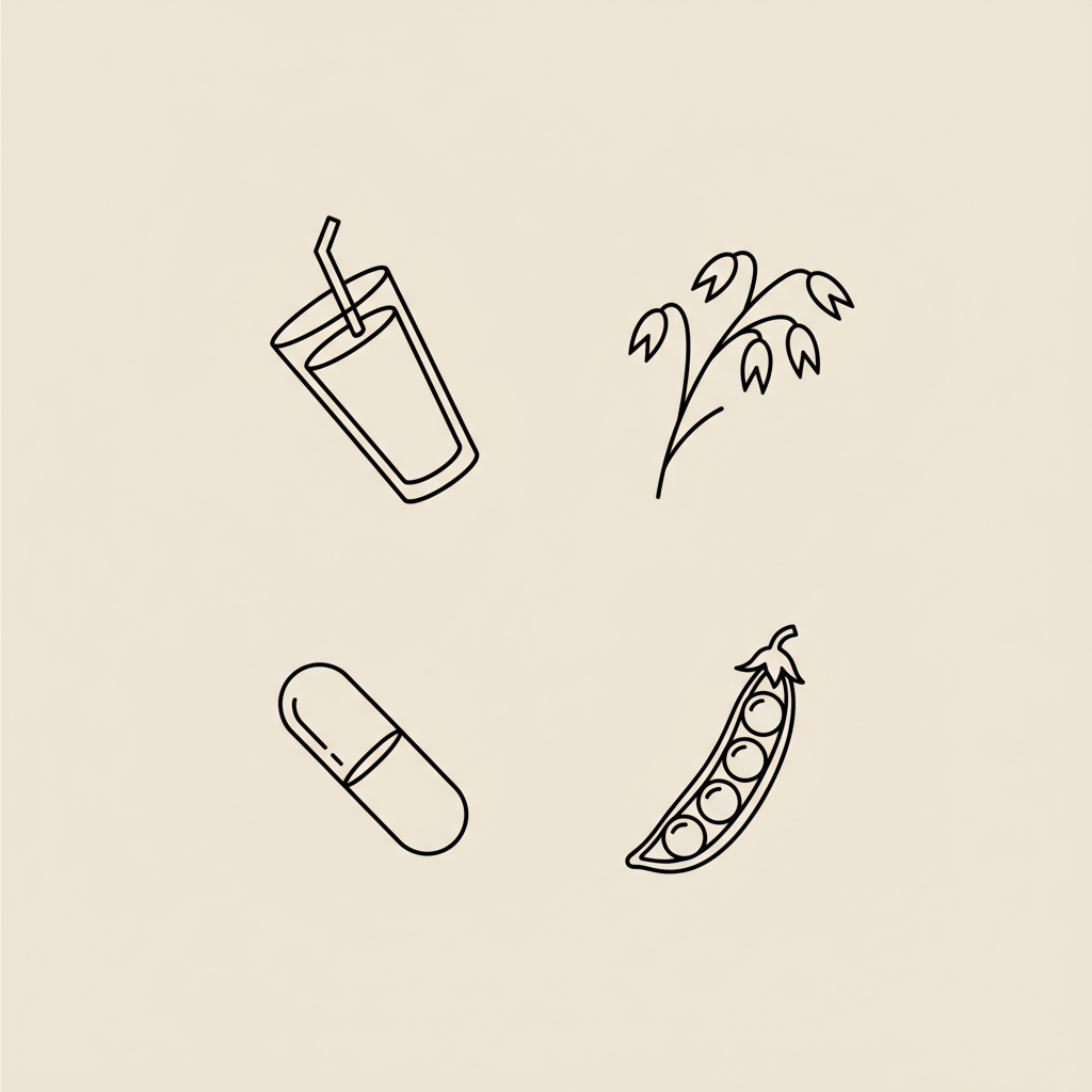 Tonum-style line illustration of glass with straw, oat stalk, pea pod and capsule in a circle on beige background — meal replacement shakes for picky eaters