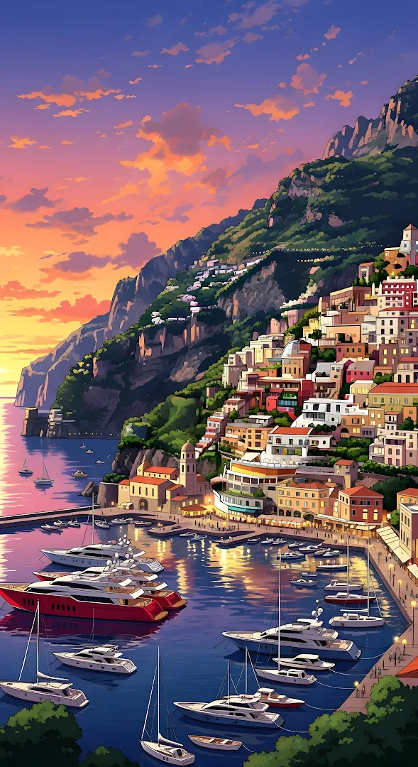 Positano Amalfi Coast Sunset Harbor Yachts Illustration