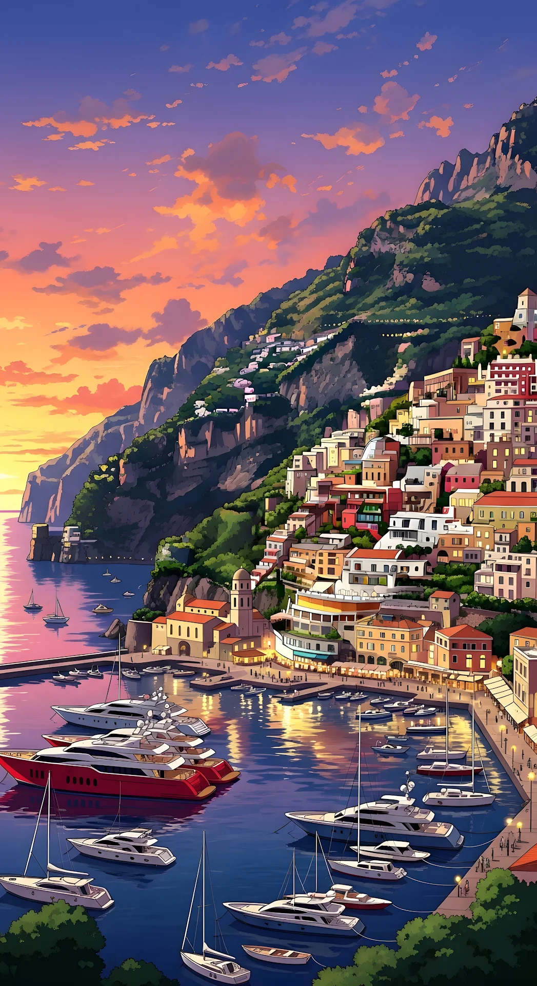 Positano Amalfi Coast Sunset Harbor Yachts Illustration - Free 4K mobile Wallpaper