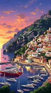 Positano Amalfi Coast Sunset Harbor Yachts Illustration
