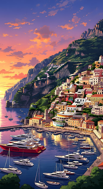 Positano Amalfi Coast Sunset Harbor Yachts Illustration - Free mobile Wallpaper