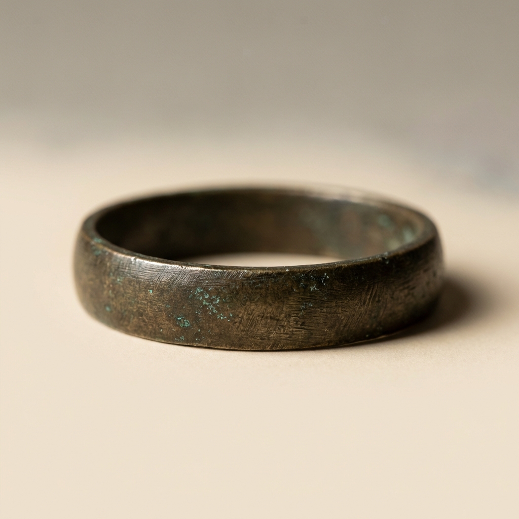 Close up macro of an ancient bronze ring with stable dark brown green patina and fine tooling marks on minimalist beige background #ede7da no powdery salts