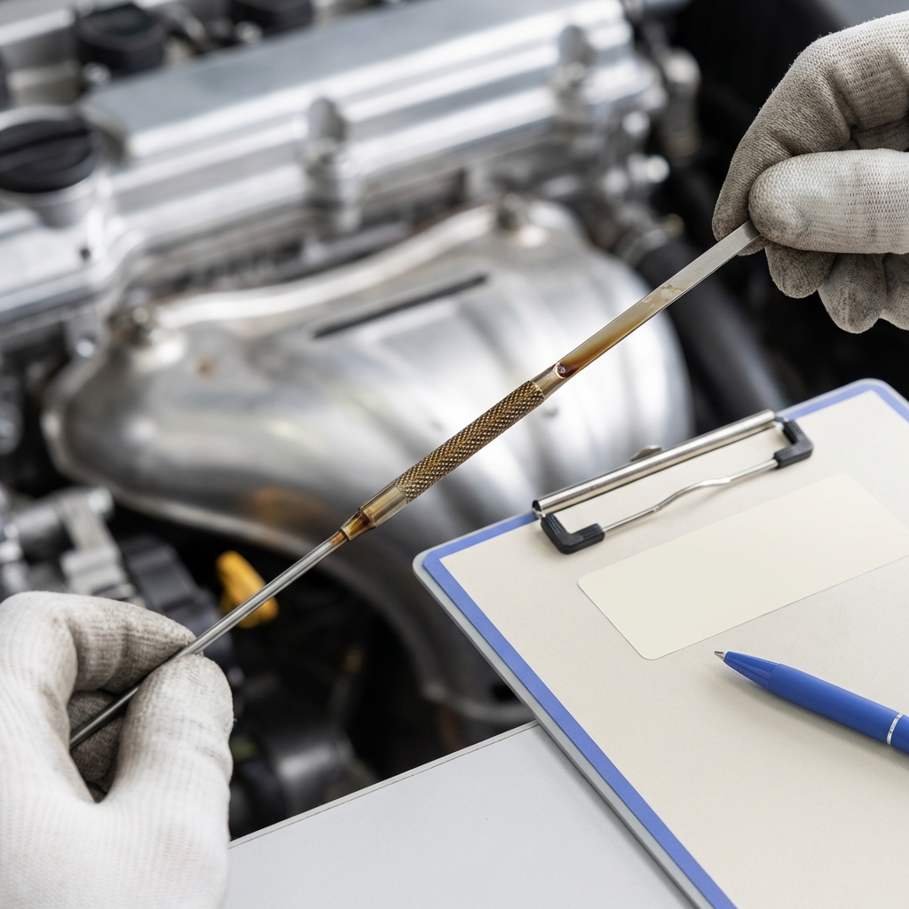 Close up of hand checking car oil dipstick next to inspection clipboard with mileage focus subtle 3666ed accents on white background
