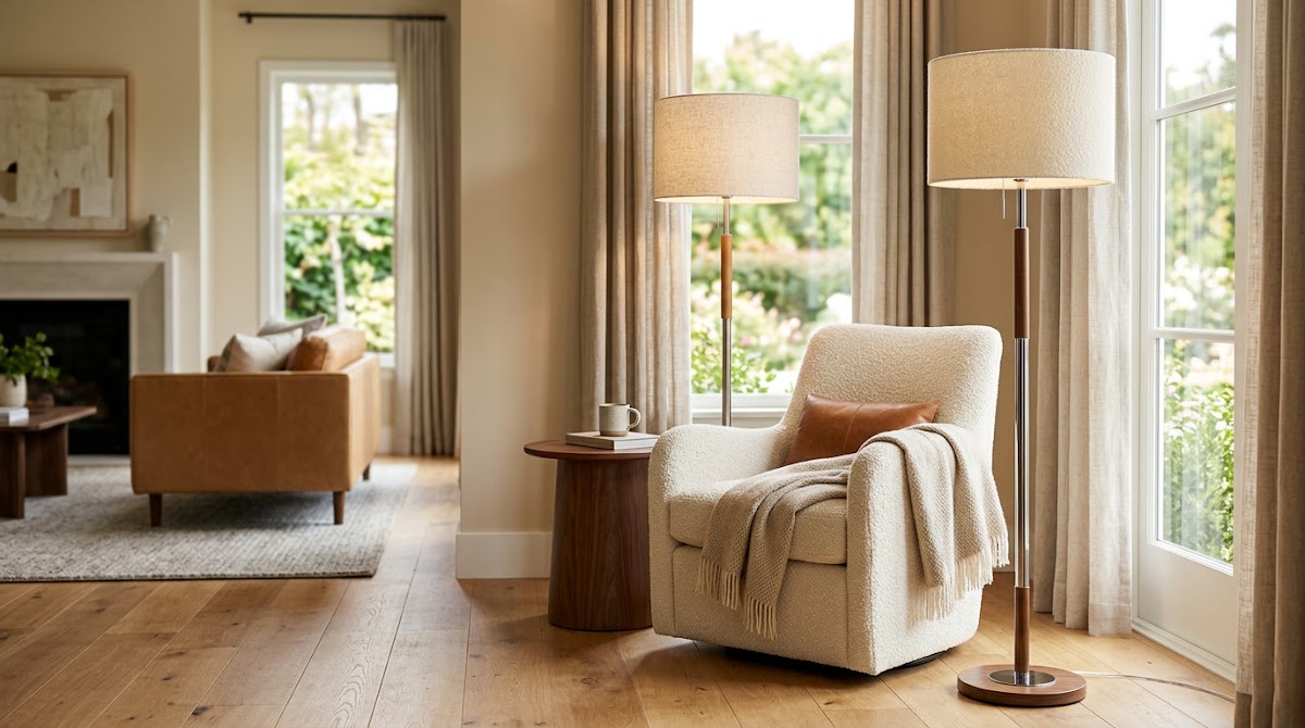 How to Warm Up Chrome Floor Lamps in a Modern Living Room - final inviting chrome and warm wood living room styling reveal