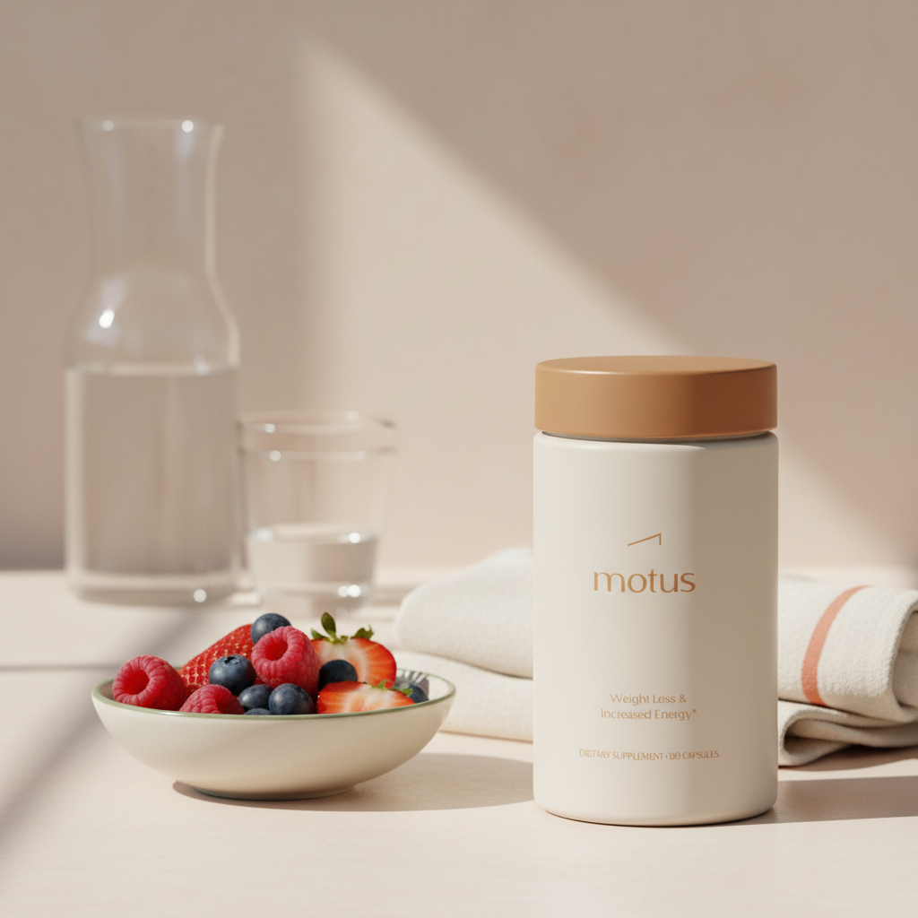 Minimalist still-life of Tonum Motus supplement jar on kitchen counter with bowl of berries and towel, conveying HRT and weight loss daily routine.