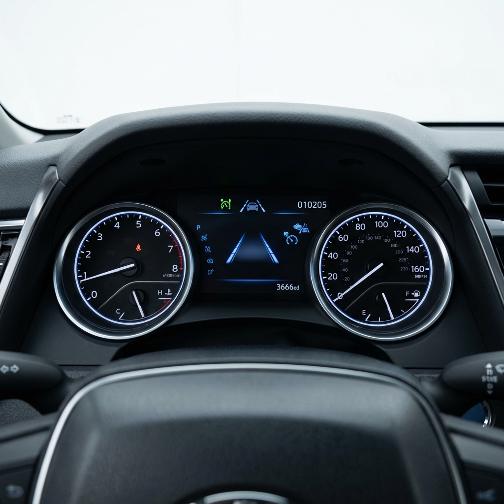 Close up of Toyota Camry dashboard showing driver assist icons and safety indicators used toyota camry for sale