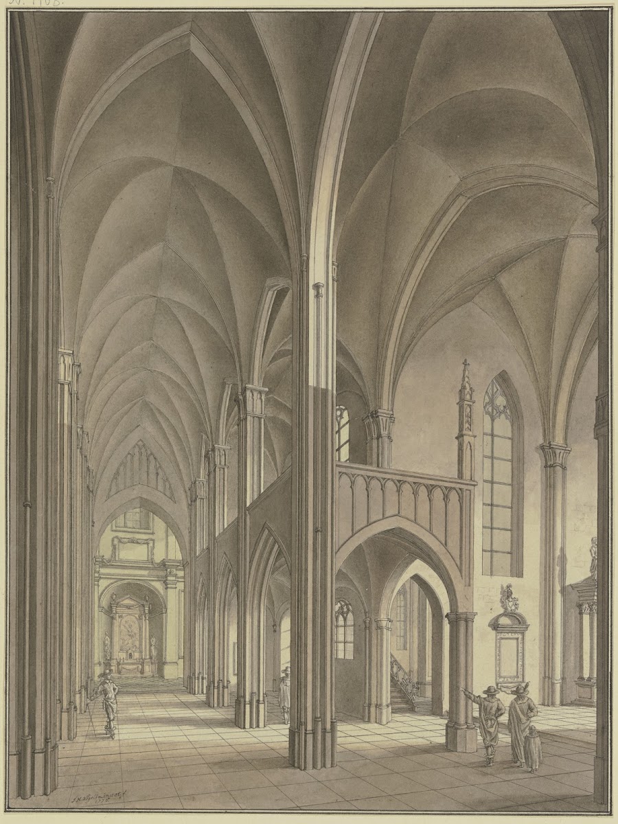 Blick in eine gotische Kirche mit Staffagefiguren in Kostümen des 17 Jahrhundert