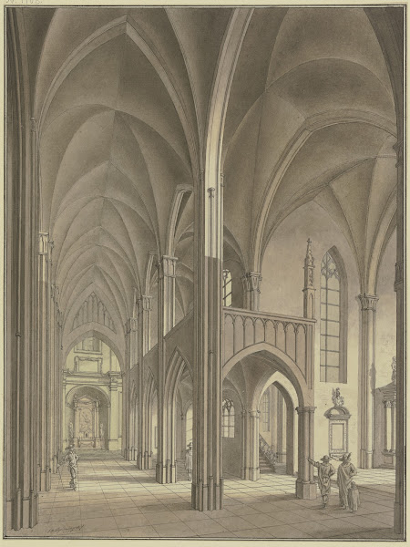 Blick in eine gotische Kirche mit Staffagefiguren in Kostümen des 17 Jahrhundert