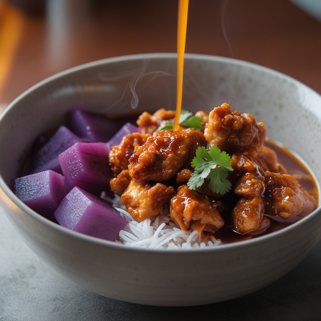 Final Crispy Adobo Chicken & Purple Yam Protein Bowl with Tangy Calamansi Glaze