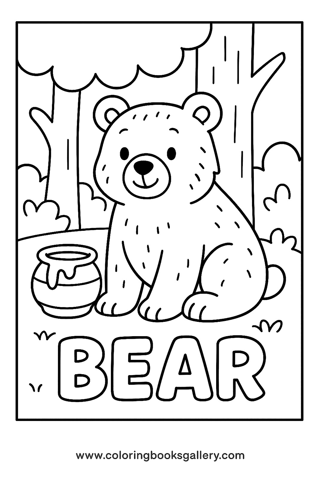 Fun coloring page to learn the English word 'Bear' for kids – printable coloring page
