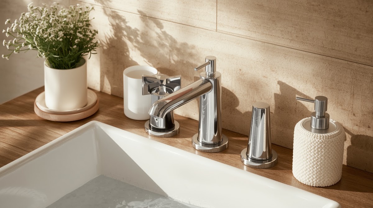 How to Warm Up Chrome Bathroom Accessories With Natural Wood - sculptural chrome lamp with warm wood bookshelf and chair