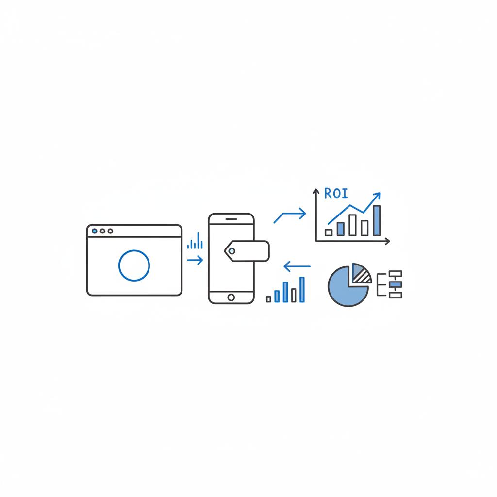 Notebook-style vector sketch of radio ad campaign tracking: landing page icon, phone with promo tag, conversion uplift graphs and arrows to an ROI chart &mdash; how much does a 30 second radio ad cost