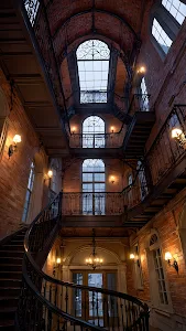 Vintage Industrial Stairwell, Ornate Brick Building Interior