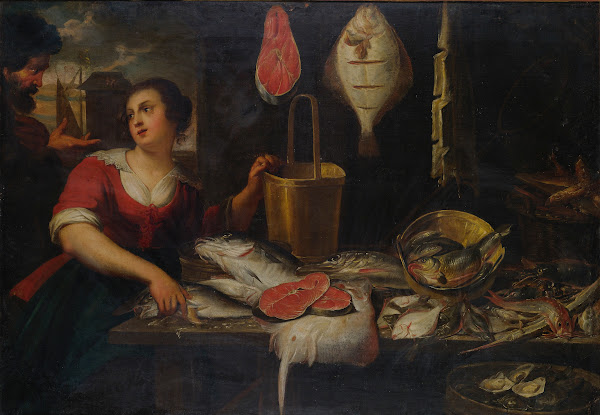 Two figures in a kitchen interior with a fish still life 17th Century
