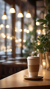 Coffee Cup on Wooden Table in Cozy Cafe with Soft Lights