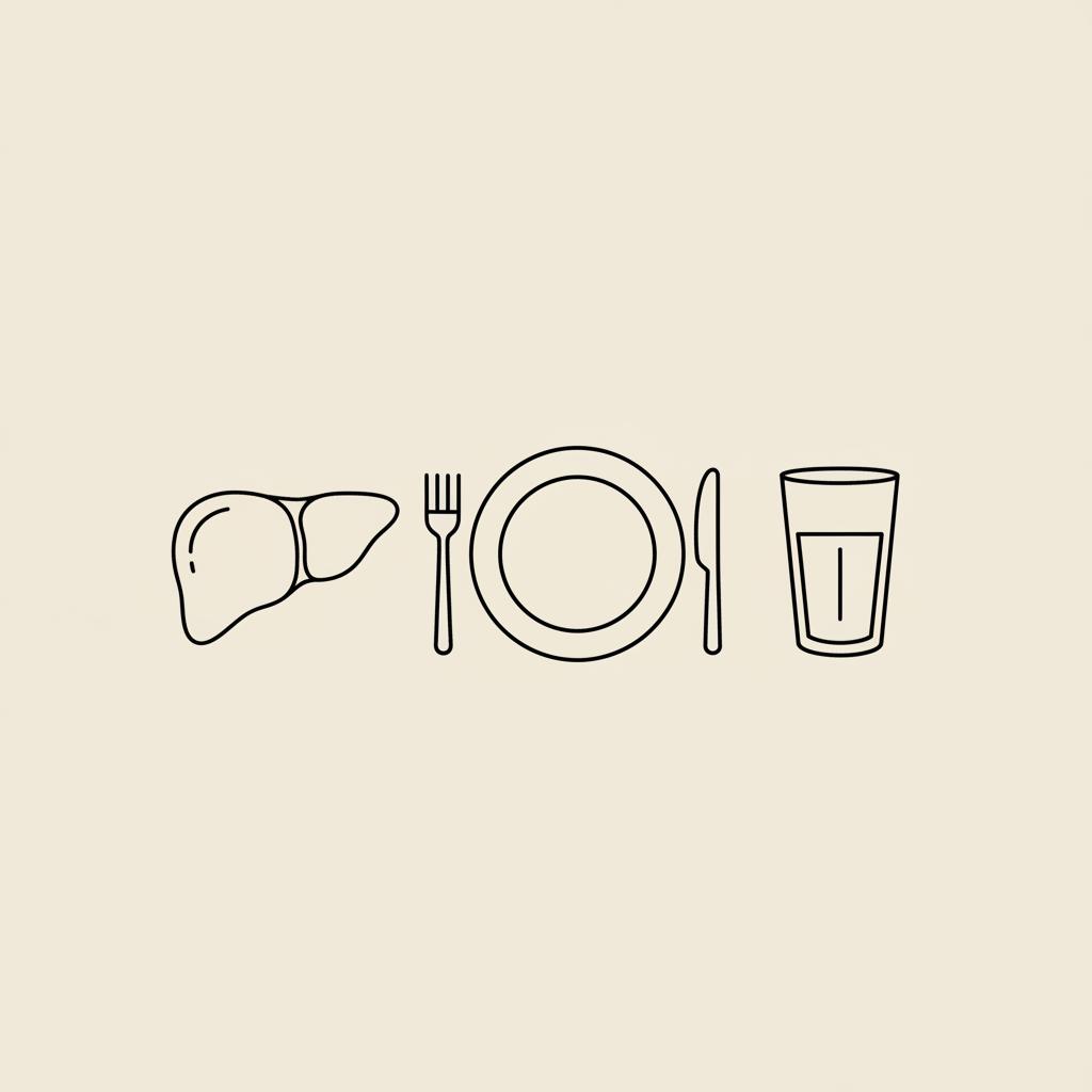 Minimal Tonum-style line illustration of a stylized liver, plate with fork and knife, and water glass on a beige background illustrating alcohol metabolism liver