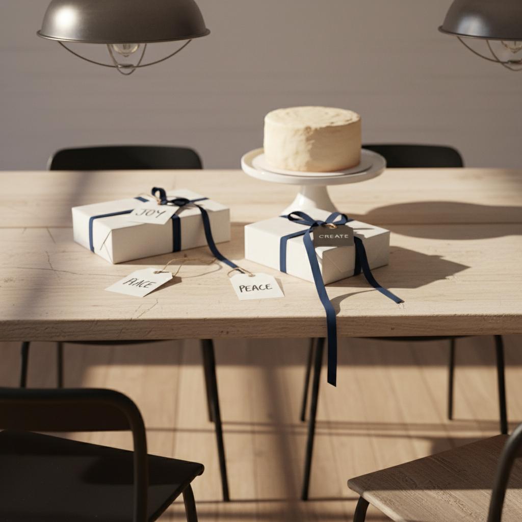 Nahaufnahme eines industrial Esstisches mit sorgfältig verpackten Geschenken, schlichter Vanillekuchen im Hintergrund und Fokus auf Bänder, Etiketten und Metallanhänger – Geschenkideen zur Geburt