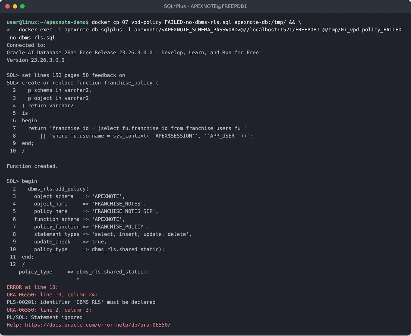 PLS-00201 identifier DBMS_RLS must be declared when adding the policy