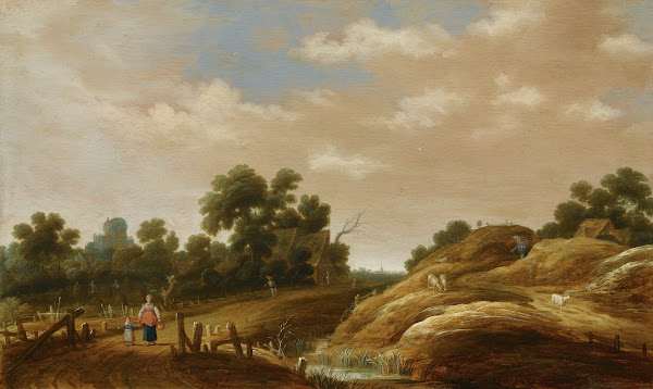 A Dune Landscape With A Peasant Woman And Child On A Path Farm Houses Beyond