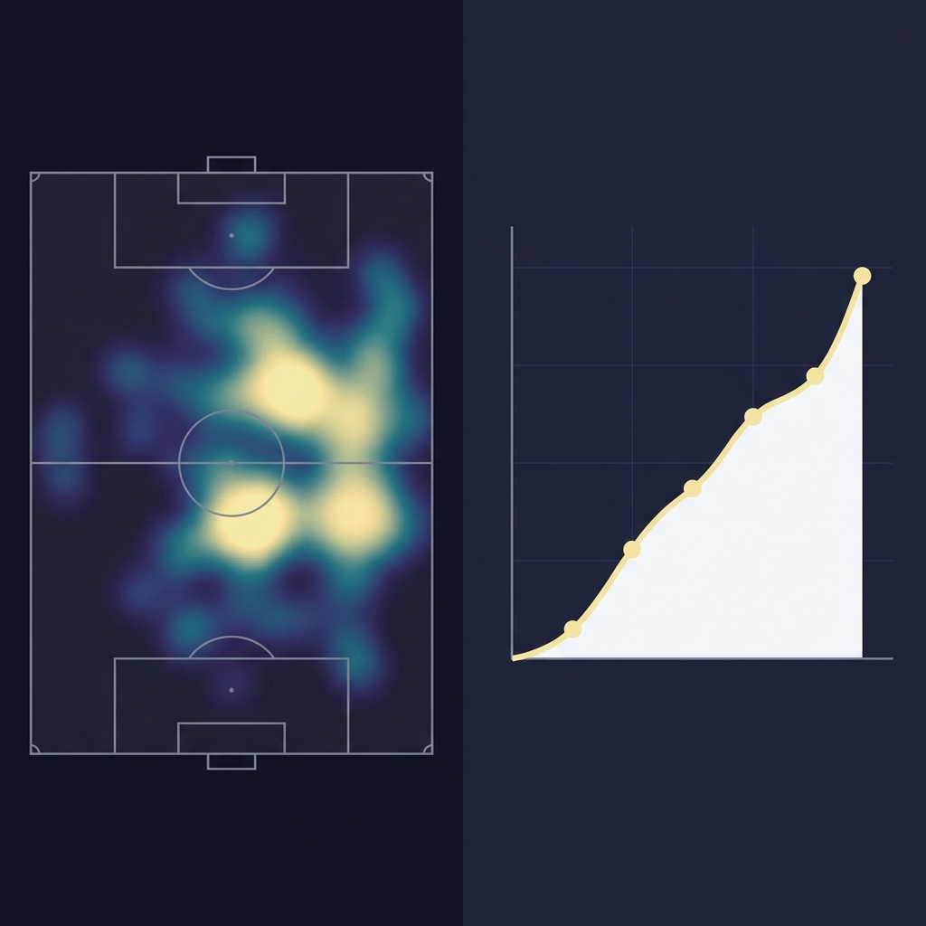 Split full frame visualization showing a possession map left and a rising xG chart right illustrating How Possession Changes Live Football Prices in Funded Plays brand colors minimal clean layout